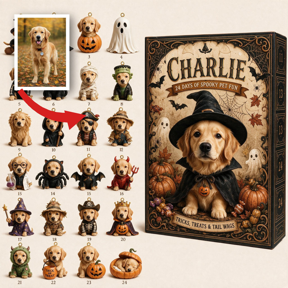 Personalized Halloween Golden Retriever Advent Calendar with Mini Ornaments
