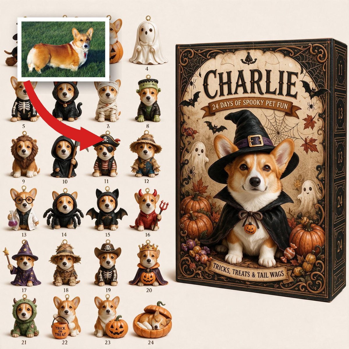 Personalized Halloween Tan and White Pembroke Welsh Corgi Advent Calendar with Mini Ornaments