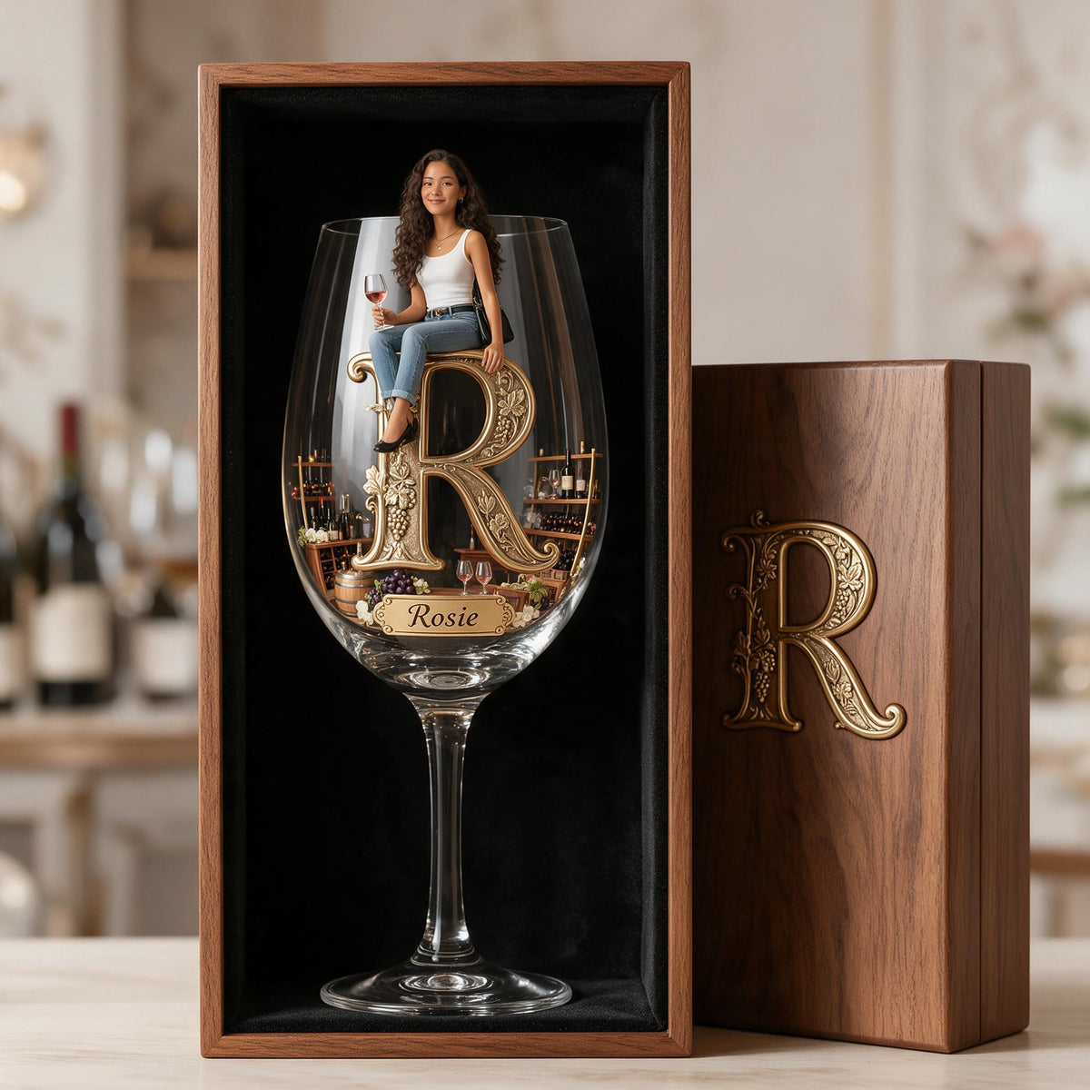 Personalized Latina Woman Initial Wine Glass Set With Wooden Box Wine Lover Gift
