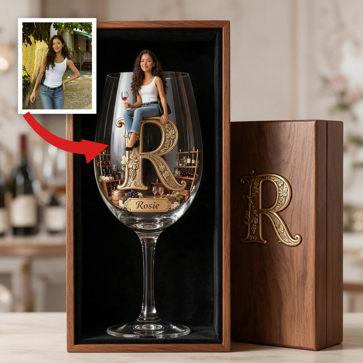 Personalized Latina Woman Initial Wine Glass Set With Wooden Box Wine Lover Gift