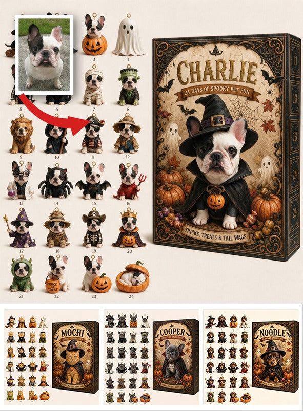 Personalized Halloween Black and White French Bulldog Advent Calendar with Ornaments