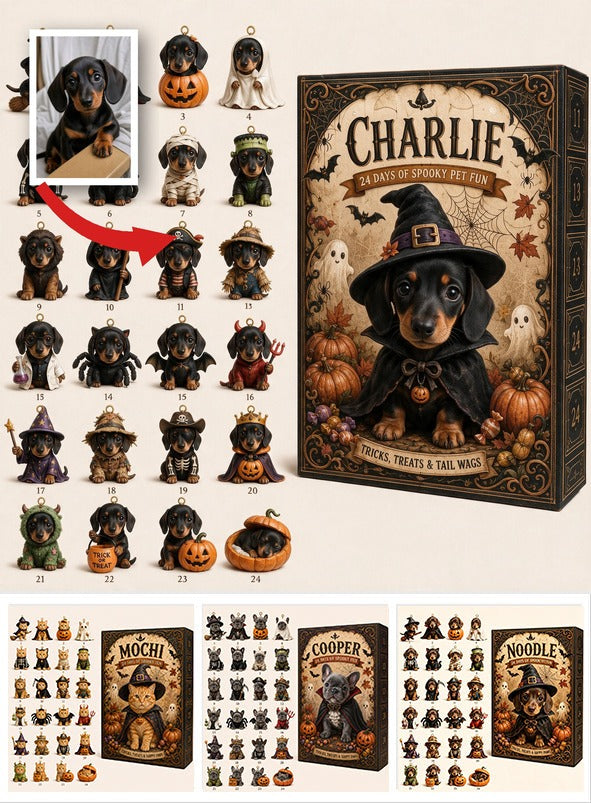 Personalized Halloween Black and Tan Dachshund Puppy Advent Calendar with Ornaments, Dog Lover Gift
