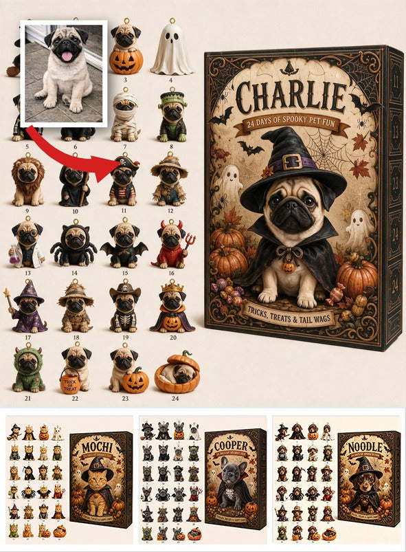 Personalized Halloween Fawn Pug Advent Calendar with Mini Ornaments, Dog Lover Gift
