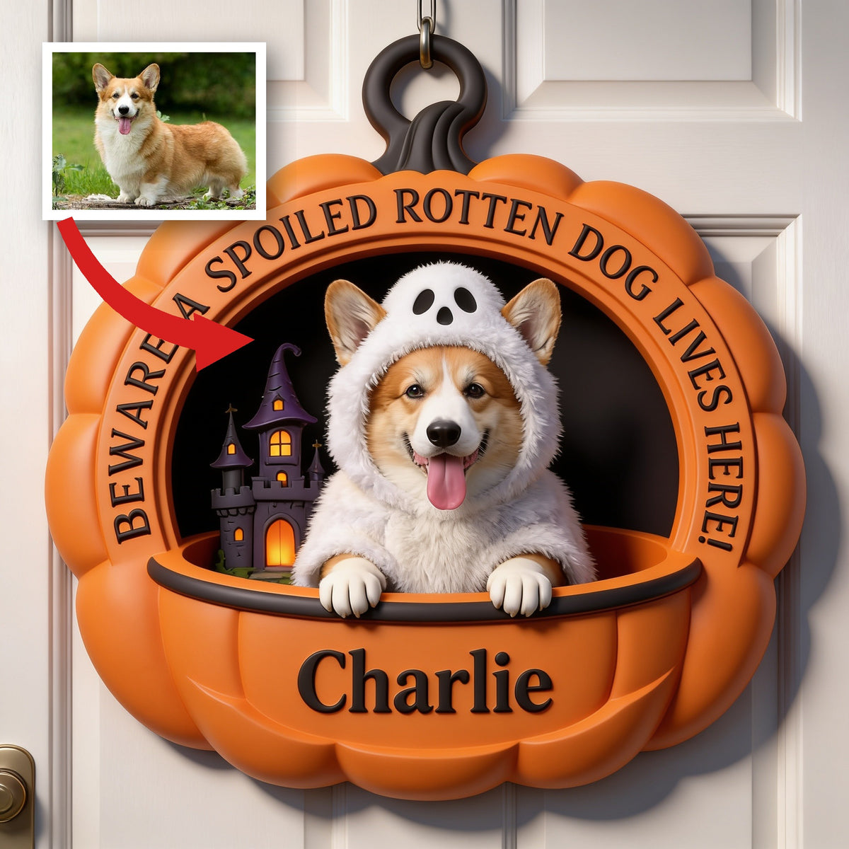 Personalized Halloween Tan & White Pembroke Welsh Corgi Pumpkin Shaped Wood Sign