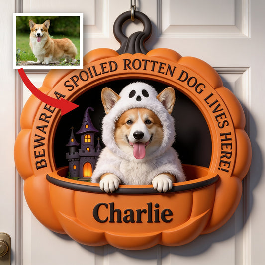 Personalized Halloween Tan & White Pembroke Welsh Corgi Pumpkin Shaped Wood Sign