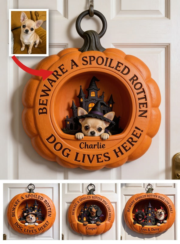 Personalized Halloween Small Fawn Chihuahua Pumpkin Shaped Wood Sign Door Decor
