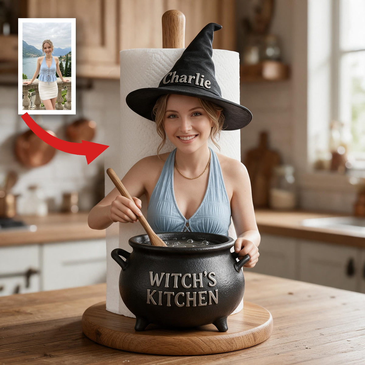 Personalized Witch Kitchen Woman Paper Towel Stand, Countertop Kitchen Decor Gift