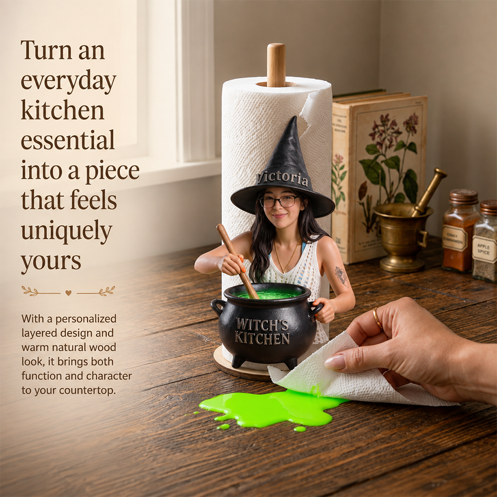 Personalized Latina Witch Kitchen Paper Towel Stand, Countertop Decor Gift