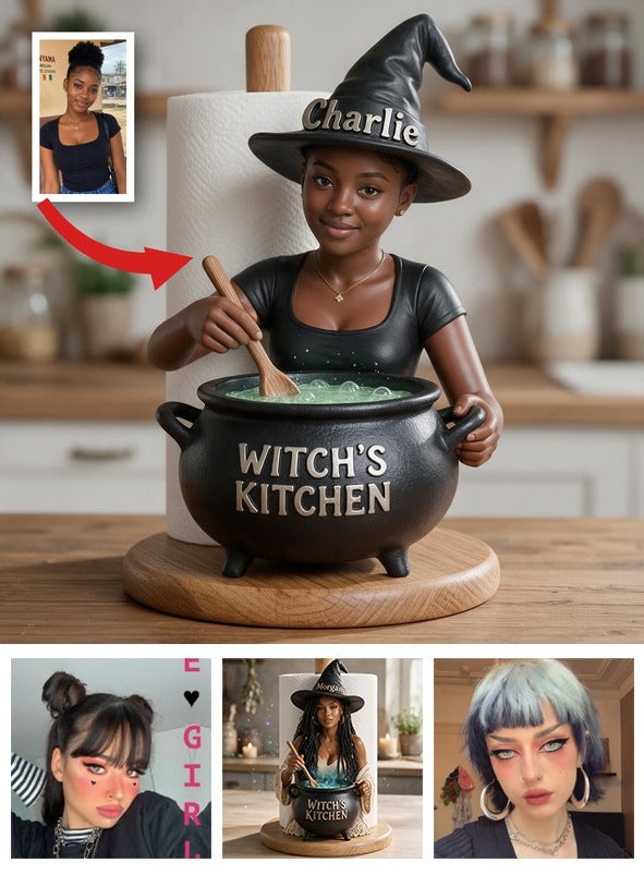 Personalized Black Woman Witch Paper Towel Stand, Witch's Kitchen Decor Gift