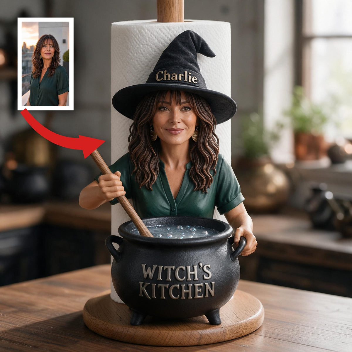 Personalized Witch Kitchen Older Latina Witch Paper Towel Stand Kitchen Decor