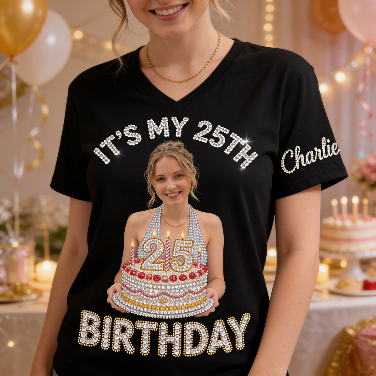 Personalized 25th Birthday Woman V-Neck T-Shirt Gift For Her