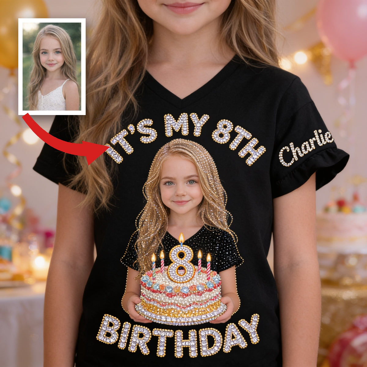 Personalisierte Geburtstags V-Ausschnitt T-Shirt für Mädchen