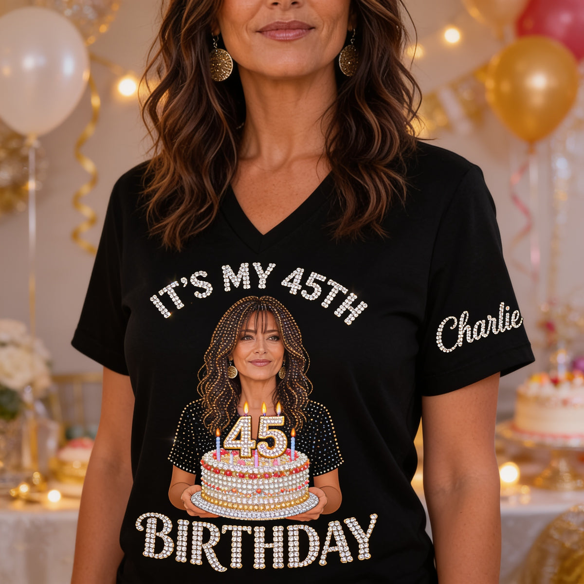 Personalized 45th Birthday Middle-Aged Latina Woman V-Neck T-Shirt Birthday Gift