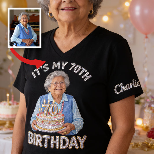 Personalized 70th Birthday Older Latina Woman V-Neck T-Shirt, Gift for Grandma Mom Wife