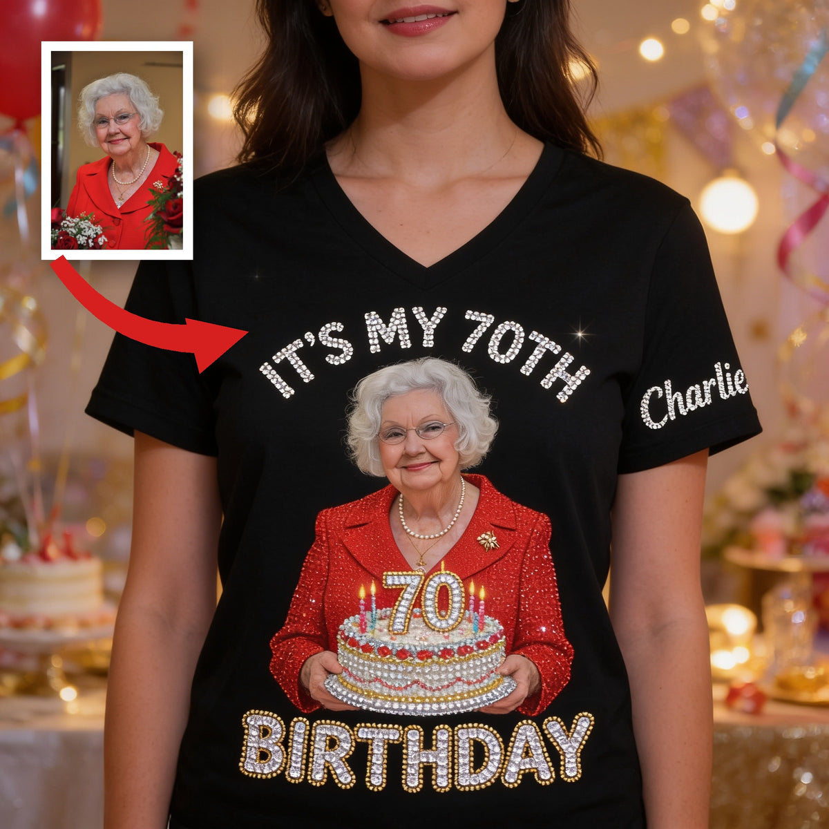 Personalized 70th Birthday Older Woman Fully Printed V-Neck T-Shirt