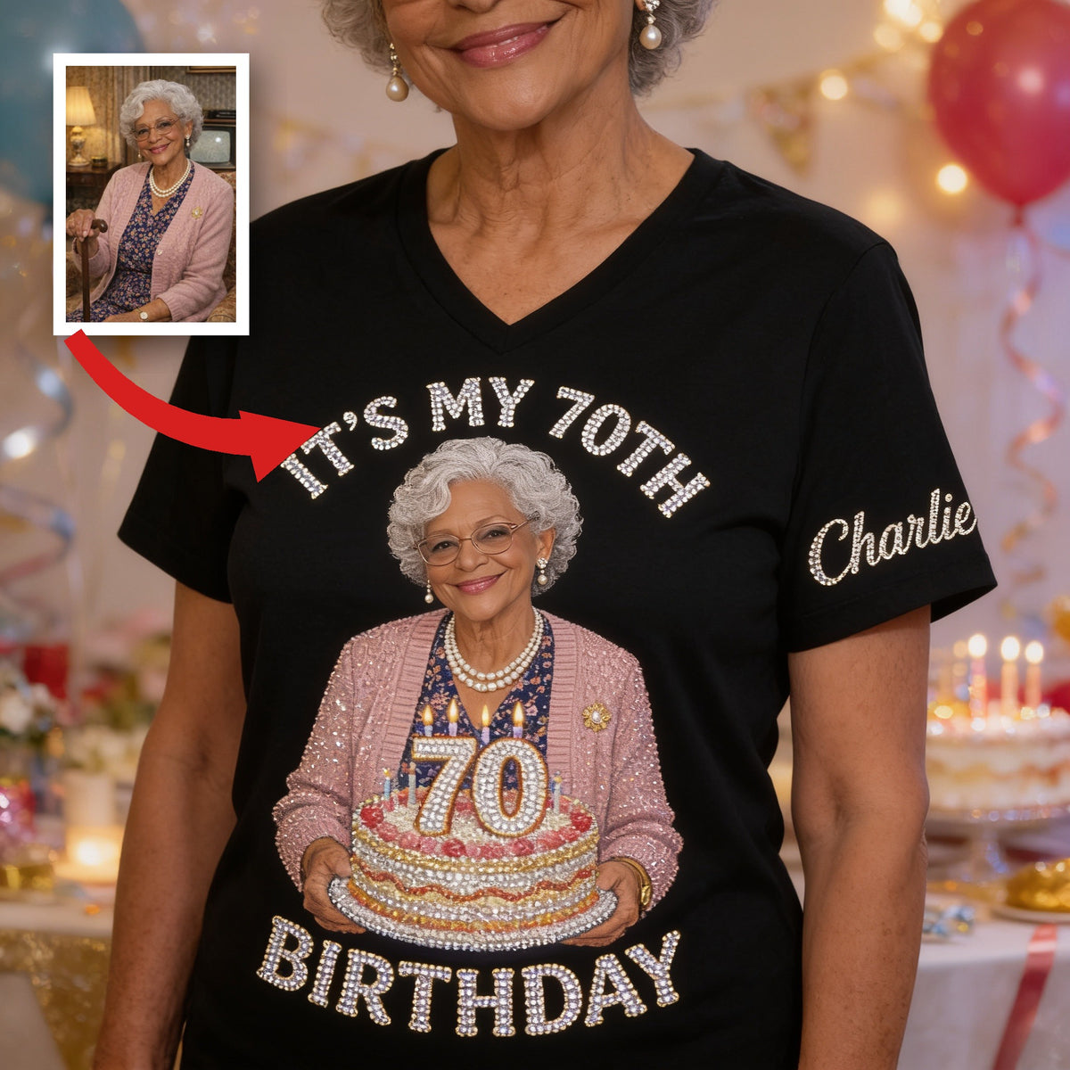 Personalized 70th Birthday Older Black Woman V-Neck T-Shirt Gift