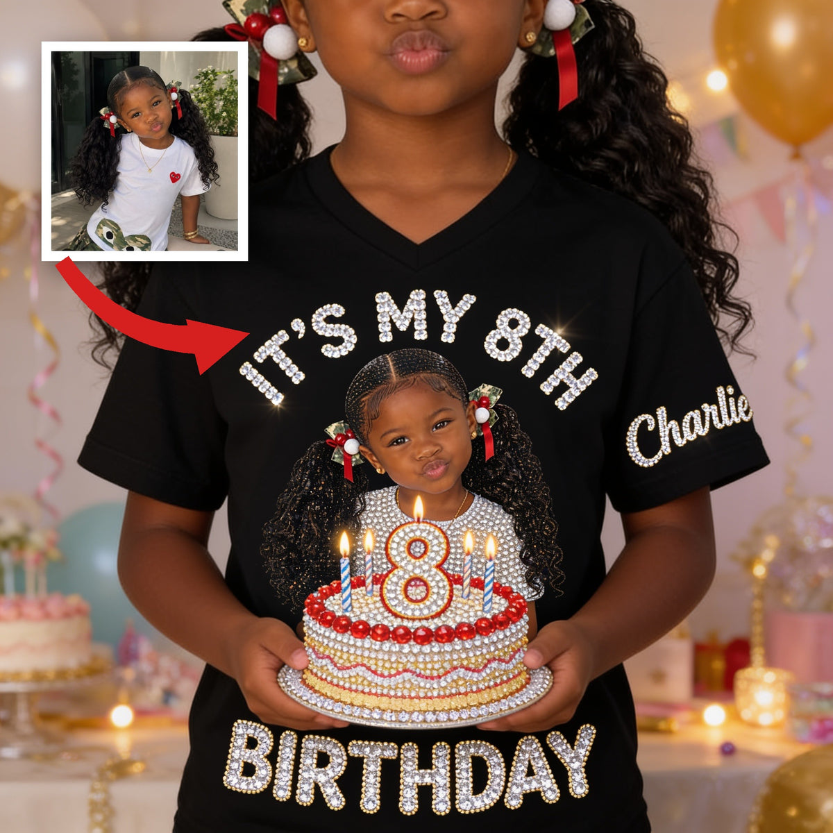 Personalized 8th Birthday Black Little Girl V-Neck T-Shirt Daughter Granddaughter Niece Gift