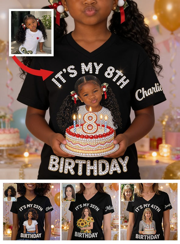 Personalized 8th Birthday Black Little Girl V-Neck T-Shirt Daughter Granddaughter Niece Gift
