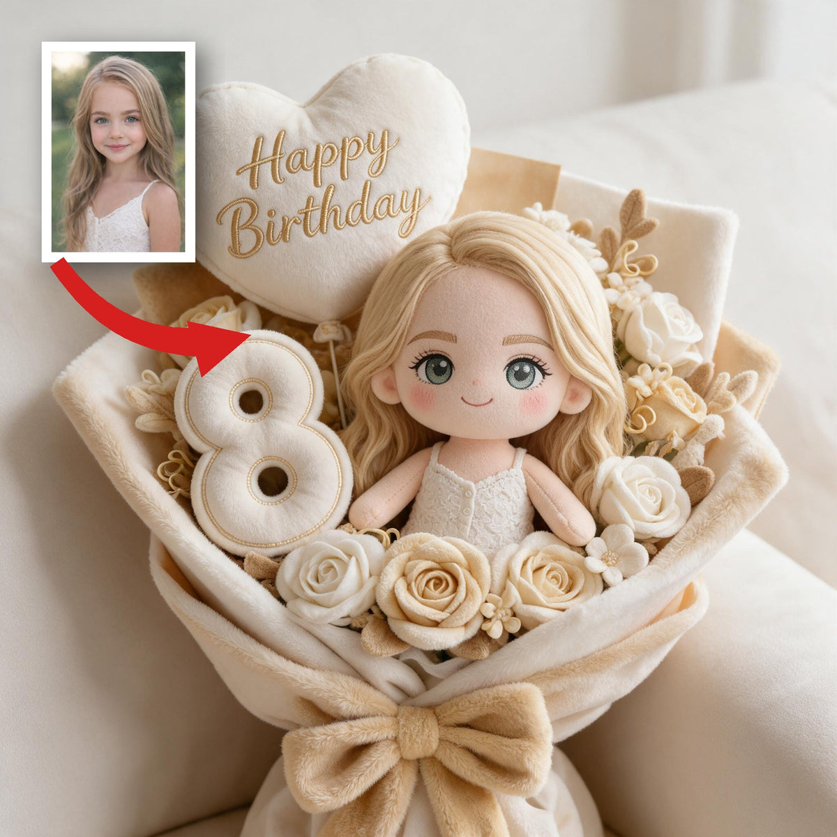 Coussin Bouquet en Fourrure Synthétique Personnalisé pour 8 Ans, Cadeau d'Anniversaire pour Fille