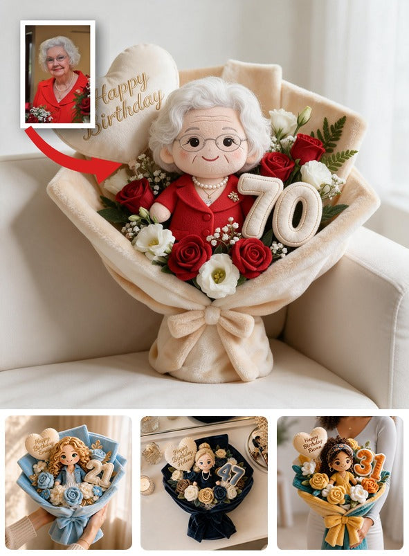 Personalized 70th Birthday Older Woman Faux Fur Bouquet Pillow Gift for Grandma Mom Wife