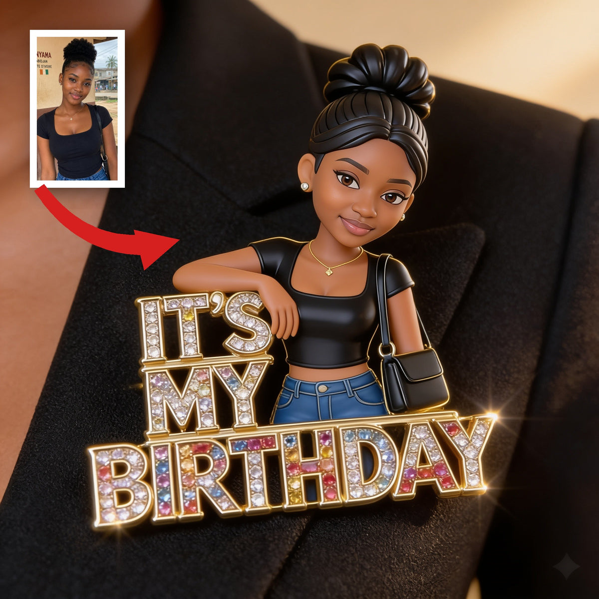 Custom Photo 21st Birthday Black Woman Enamel Pin Gift for Her