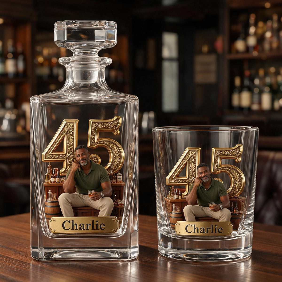 Personalized 45th Birthday Middle-Aged Black Man Whiskey Decanter Set Gift for Dad Grandpa