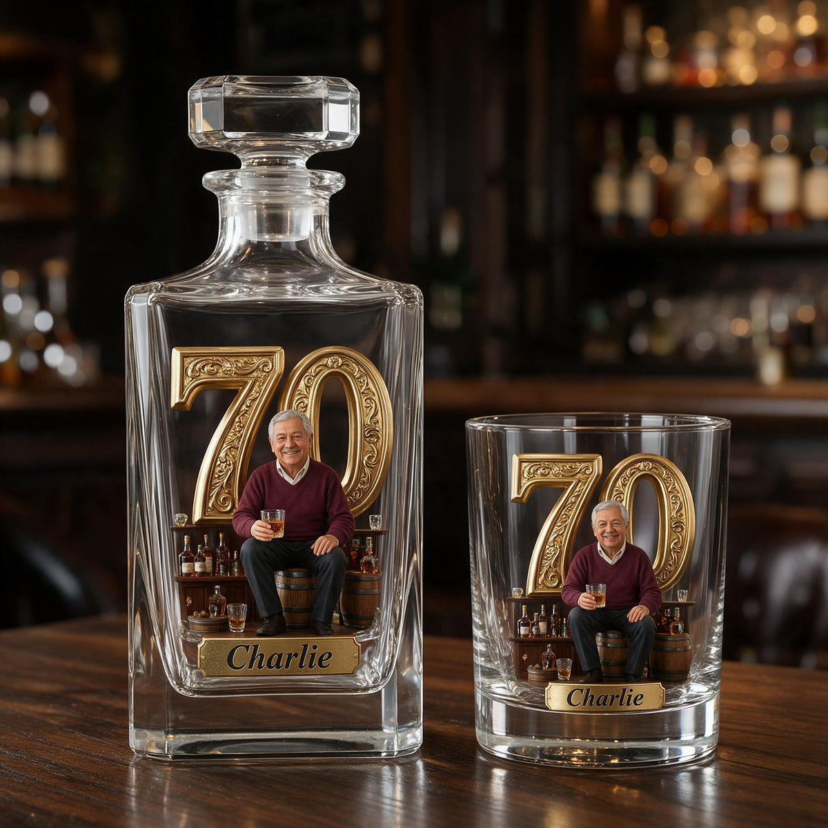 Personalized 70th Birthday Older Latino Man Whiskey Decanter Set, Gift for Dad Husband Grandpa