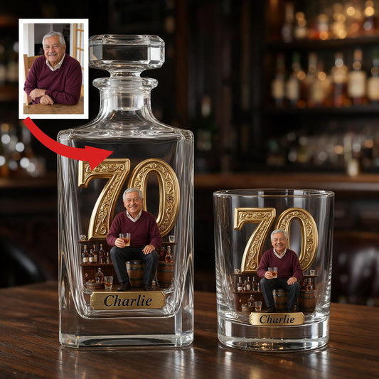 Personalized 70th Birthday Older Latino Man Whiskey Decanter Set, Gift for Dad Husband Grandpa