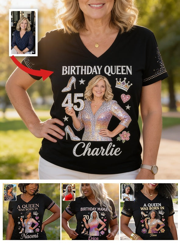 Personalized 45th Birthday Middle-Aged Woman V-Neck T-Shirt Birthday Queen Gift