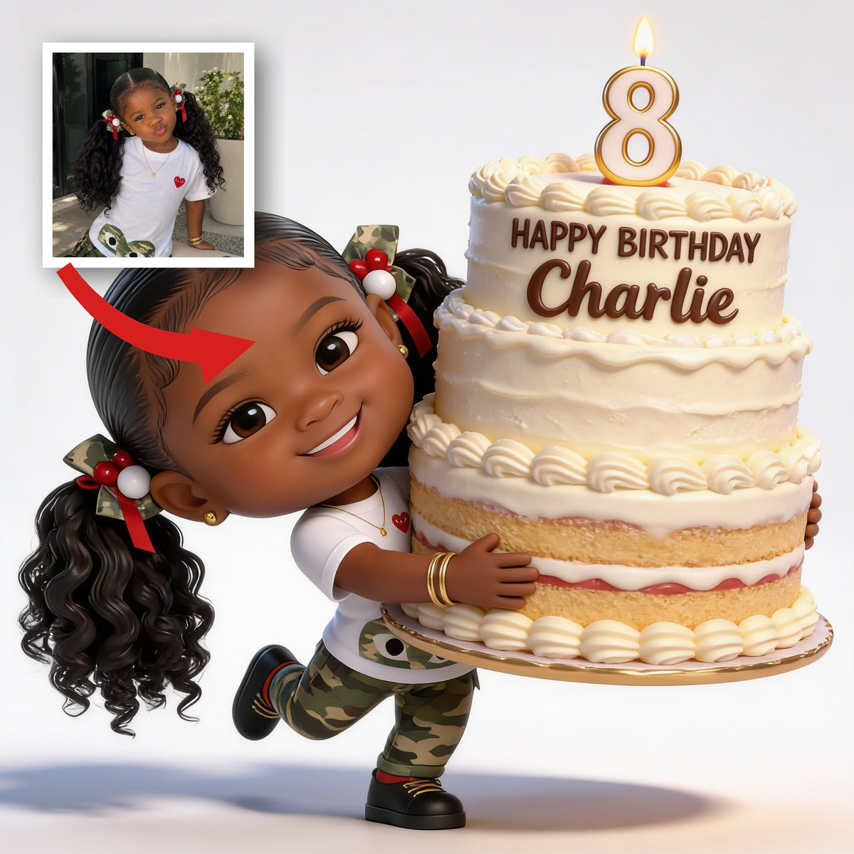 Figurine 3D Personnalisée Fille Noire pour 8ème Anniversaire, Cadeau pour Fille, Petite-Fille, Nièce