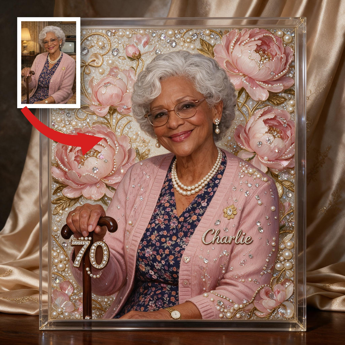 Personalized 70th Birthday Older Black Woman Diamond Painting Ornament Kit, Grandma Gift