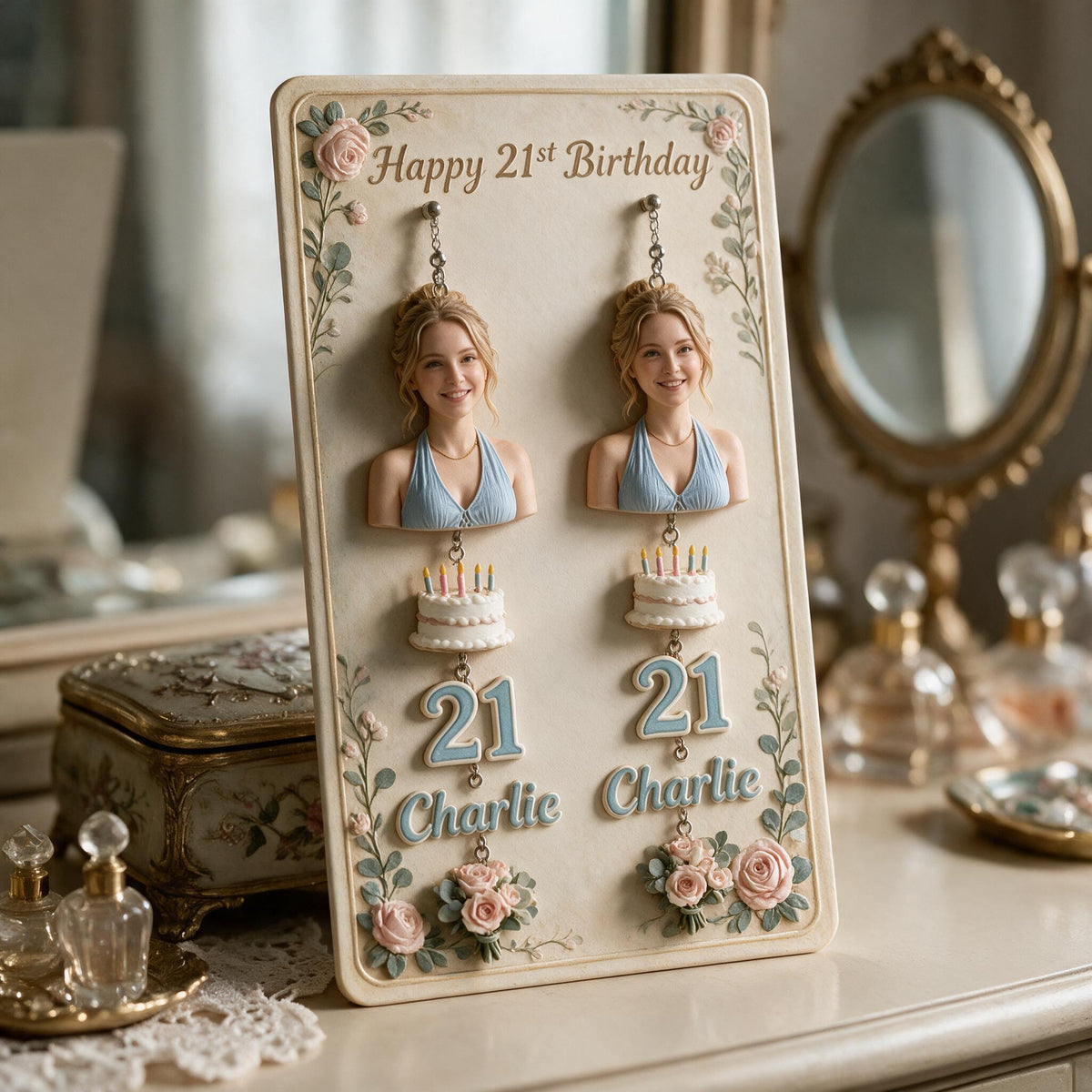 Personalized 21st Birthday Woman Earrings with Display Card, Gift for Her
