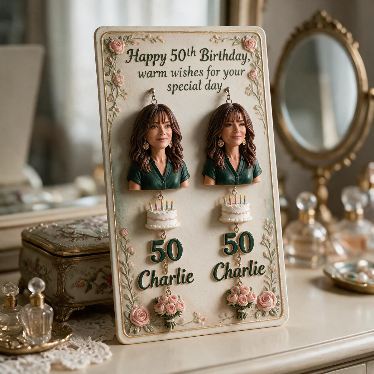 Boucles d'oreilles personnalisées pour le 50e anniversaire d'une femme latina d'âge moyen avec carte d'affichage cadeau pour maman, épouse, grand-mère