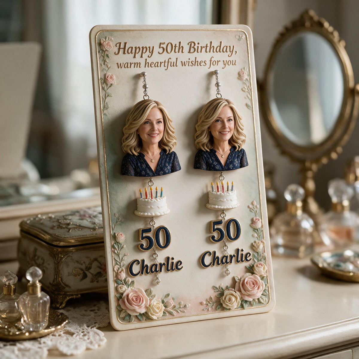 Personalized 50th Birthday Middle-Aged Woman Earrings with Display Card Gift for Mom Wife Grandma