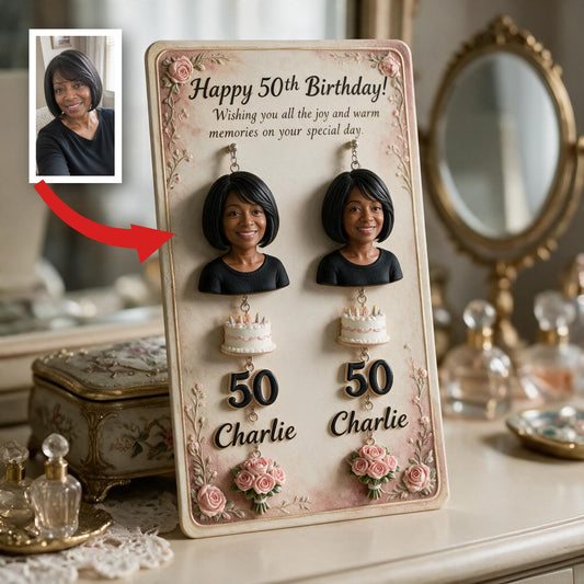 Personalized 50th Birthday Middle-Aged Black Woman Earrings with Display Card Gift