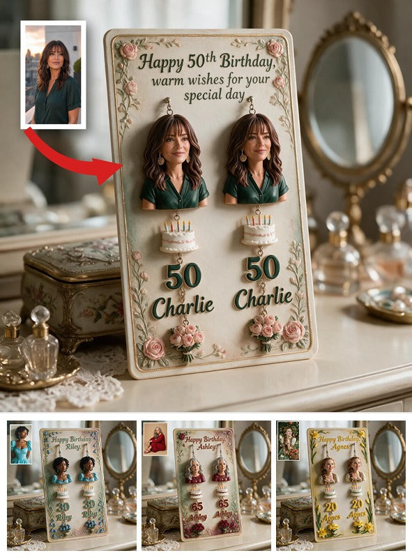 Boucles d'oreilles personnalisées pour le 50e anniversaire d'une femme latina d'âge moyen avec carte d'affichage cadeau pour maman, épouse, grand-mère