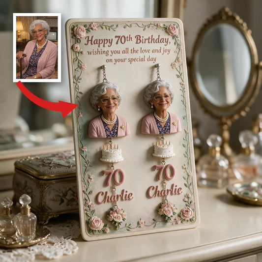 Personalized 70th Birthday Older Black Woman Earrings with Display Card, Mom Grandma Gift