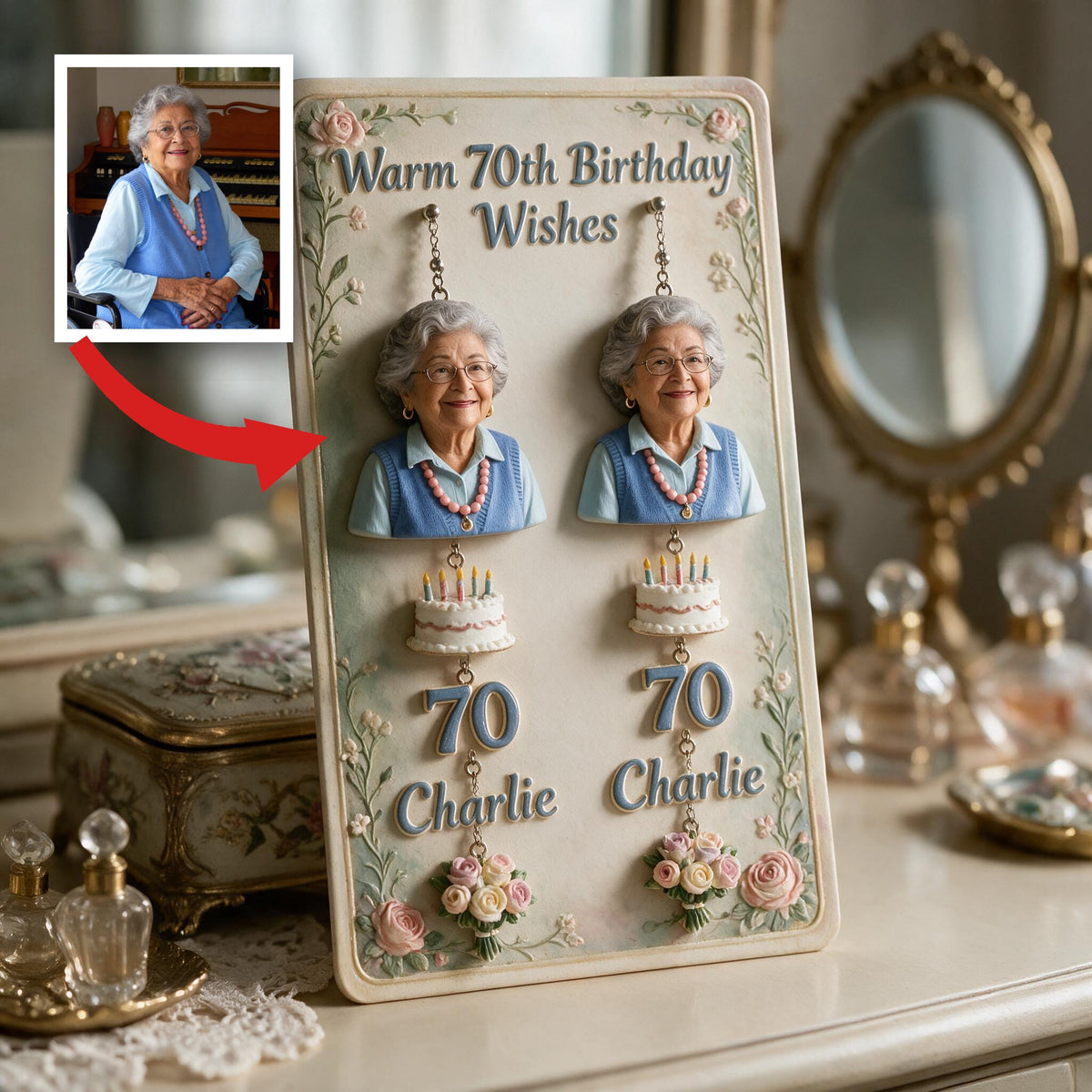 Boucles d'oreilles personnalisées pour le 70e anniversaire d'une femme latina avec carte, cadeau pour grand-mère, maman, épouse