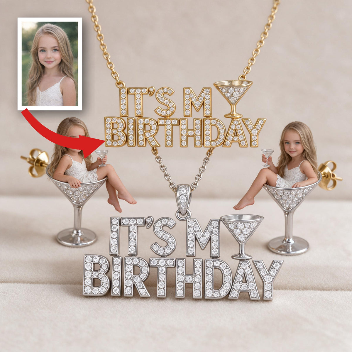 Personalized Birthday Little Girl Pendant Necklace & Stud Earrings Set