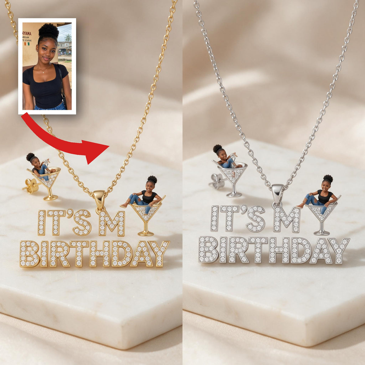 Personalized 21st Birthday Black Woman Pendant Necklace & Stud Earrings Set