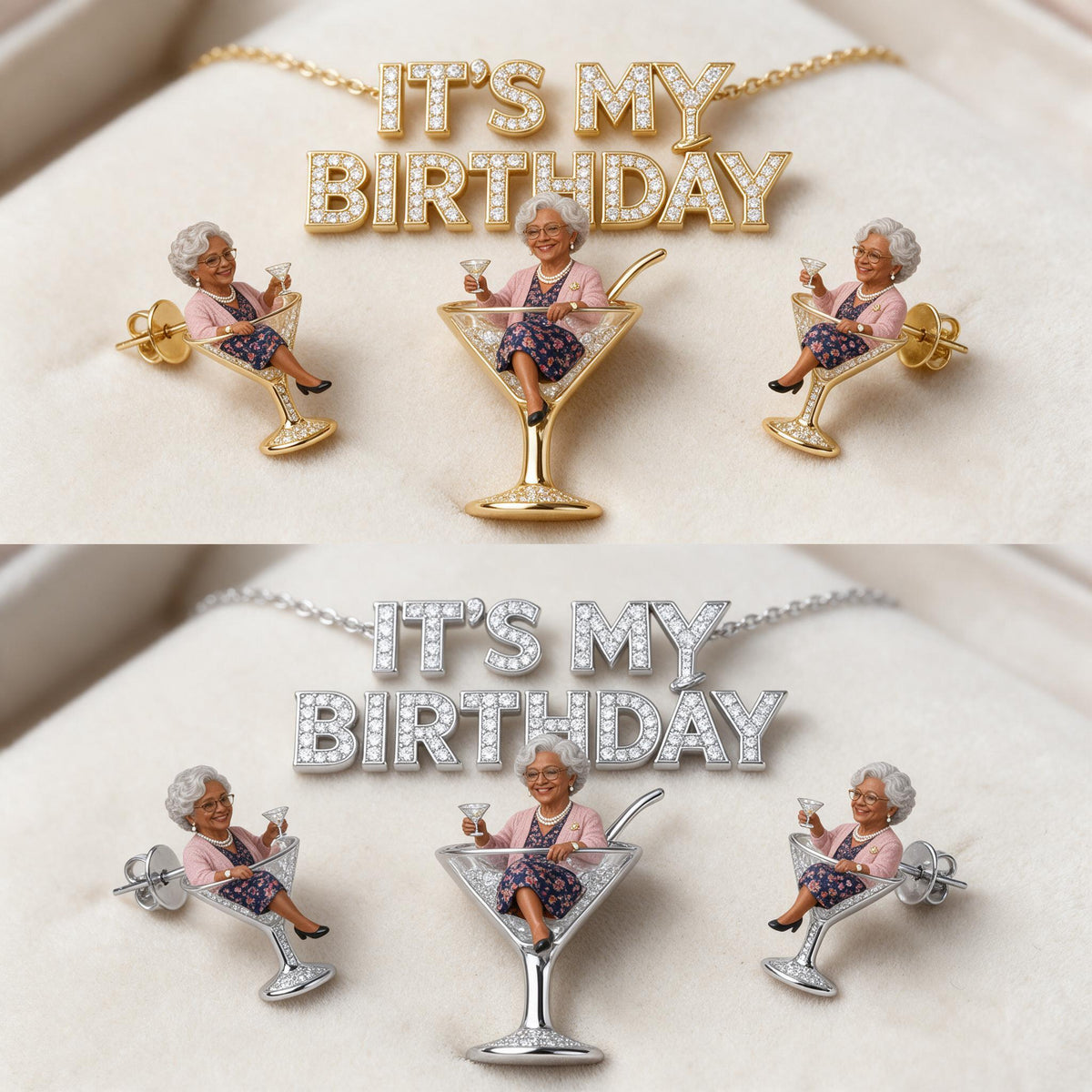 Personalized 70th Birthday Older Black Woman Pendant Necklace & Stud Earrings
