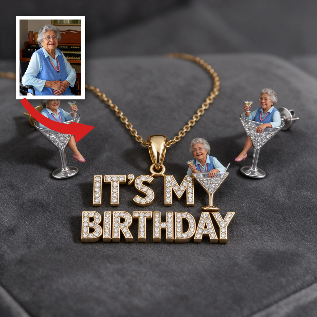 Personalized 70th Birthday Older Latina Woman Pendant Necklace & Stud Earrings Jewelry Set