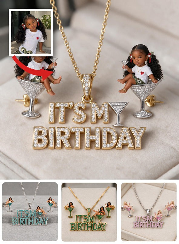 Personalized Birthday Black Little Girl Pendant Necklace & Stud Earrings Gift Set