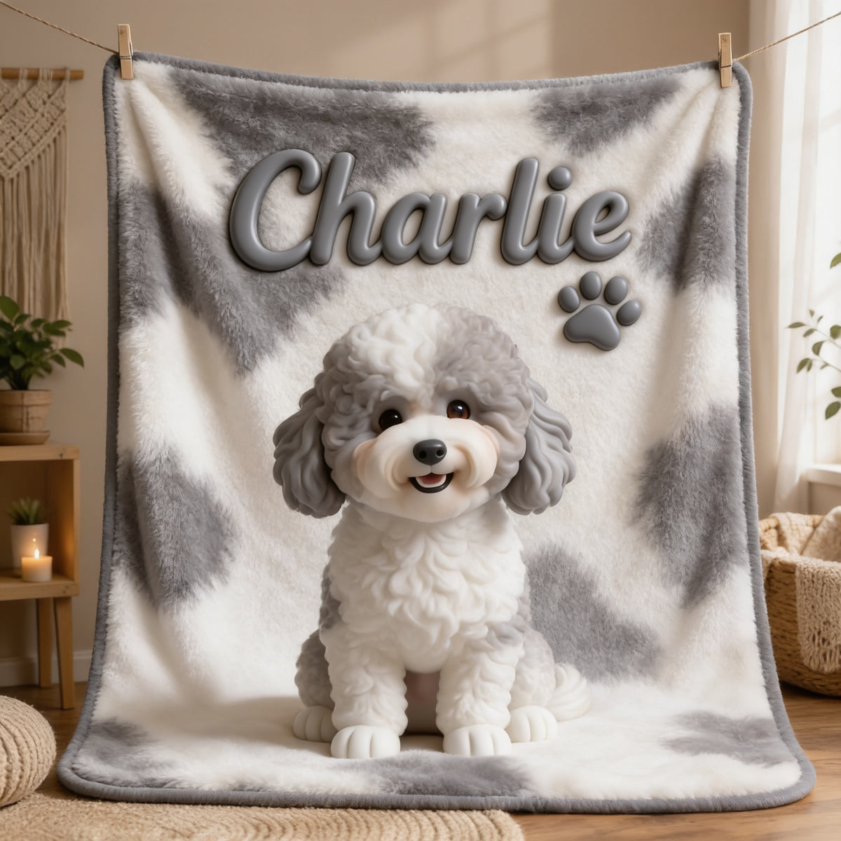 Personalized Curly Fur White Grey Poodle Dog Blanket Pet Lover Gift