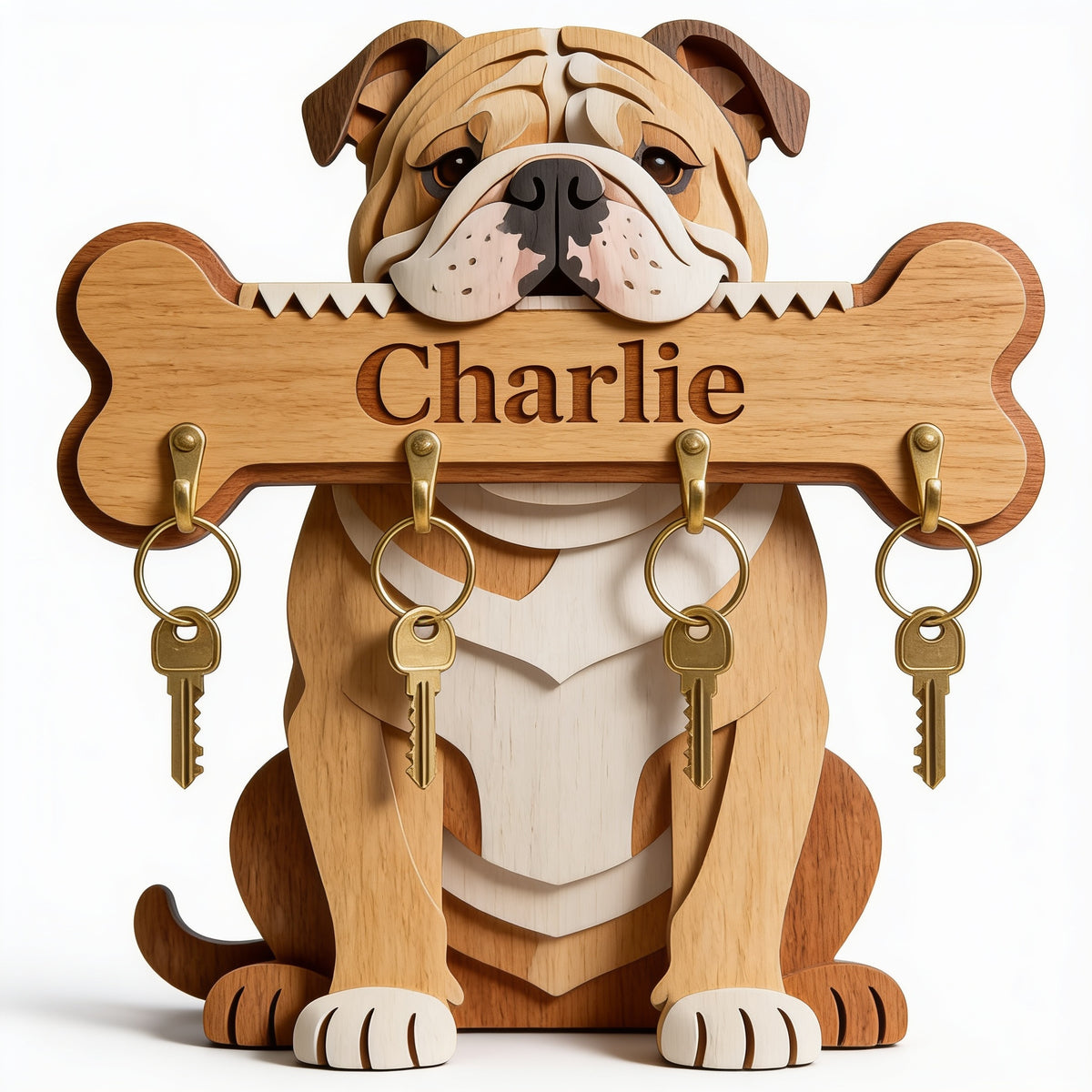 Porte-clés en bois personnalisé Bulldog fauve et blanc - Cadeau pour amoureux des chiens