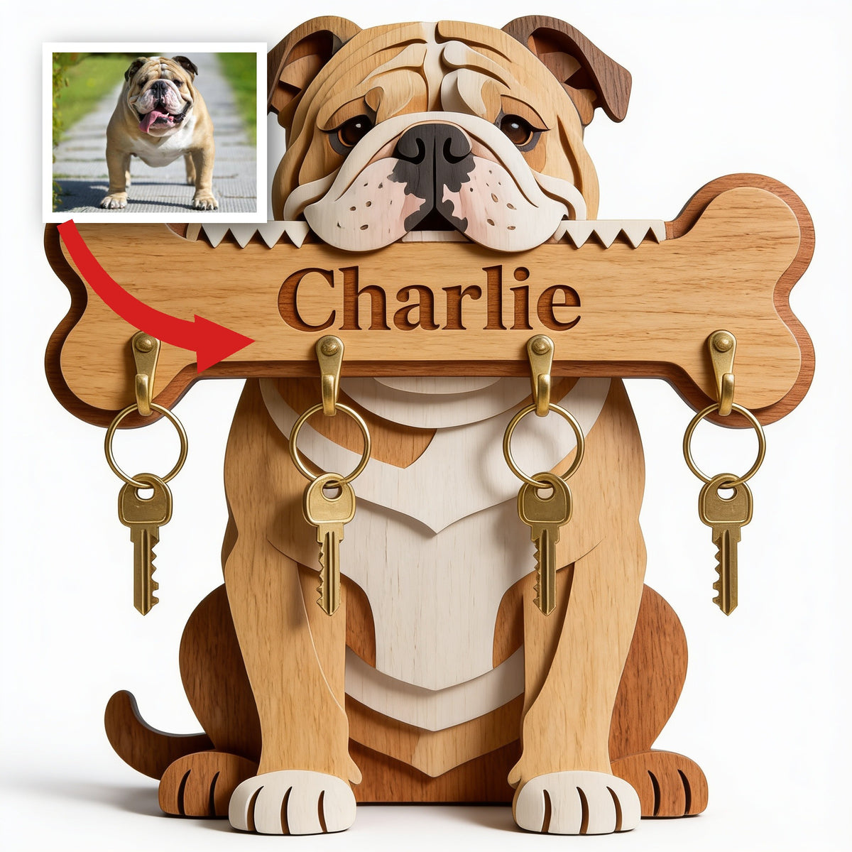 Porte-clés en bois personnalisé Bulldog fauve et blanc - Cadeau pour amoureux des chiens