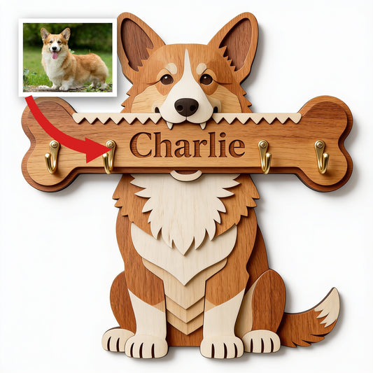 Personalized Tan and White Pembroke Welsh Corgi Wooden Key Rack Wall Decor