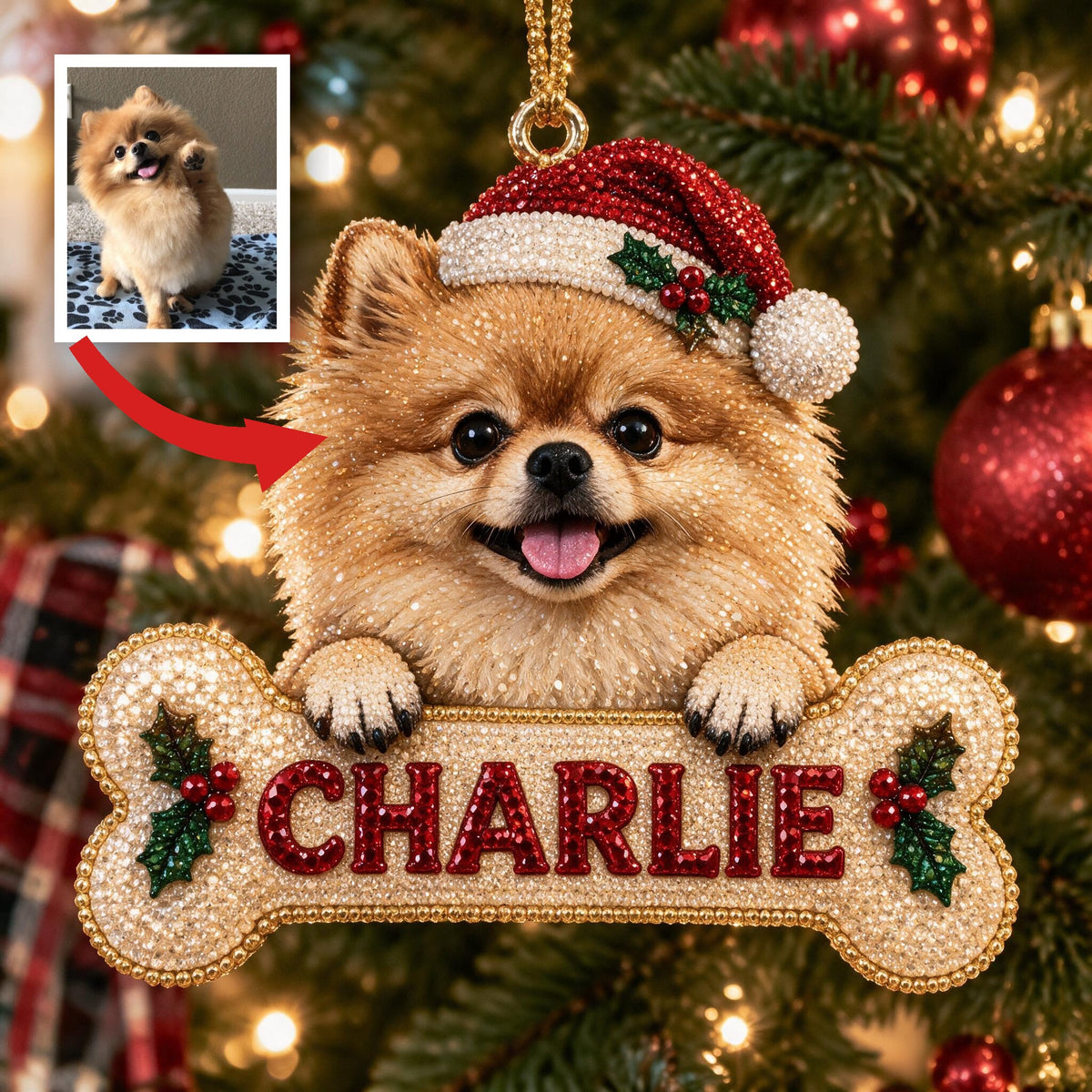 Personalized Christmas Fluffy Golden Tan Pomeranian Diamond Painting Ornament Kit