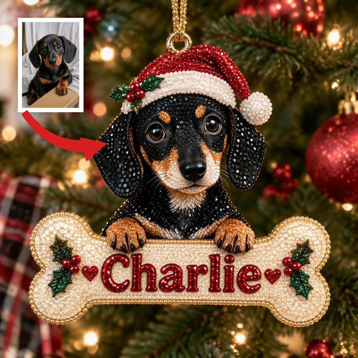 Personalized Christmas Black and Tan Dachshund Puppy Diamond Painting Ornament Kit