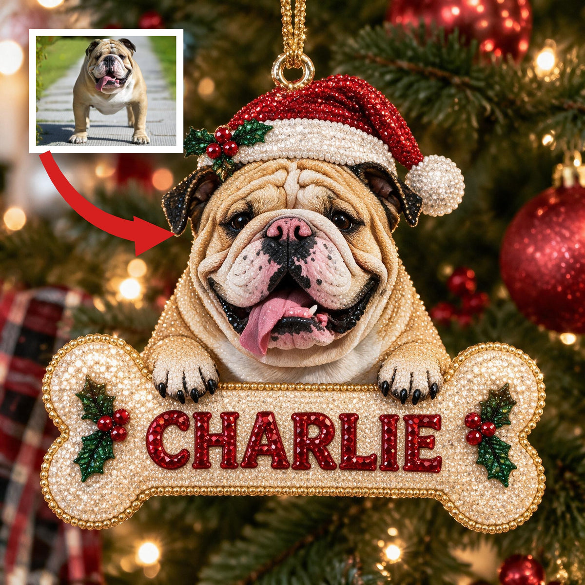 Personalized Christmas Fawn White Bulldog Diamond Painting Ornament Kit